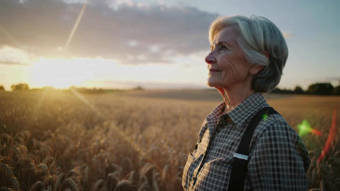 Mature woman in plaid shirt standing in golden wheat field at sunset, medium shot, copy space