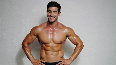 Muscular man smiling against white wall with copy space medium shot