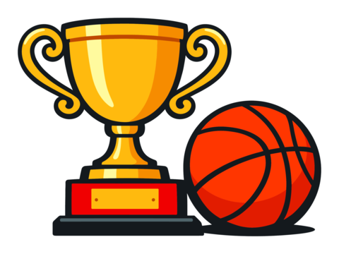 Image concept: A golden trophy alongside a basketball, symbolizing triumph, achievement, and winning