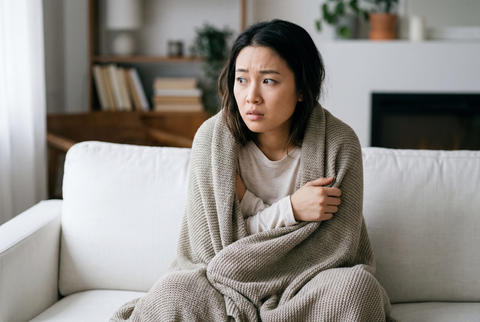 Anxious young asian woman wrapped in a thick blanket sitting on a sofa