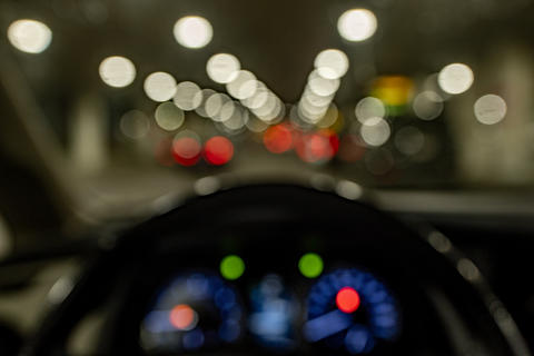 Driving POV shows car interior dashboard. Driving at night shows road and lights. Driving uses