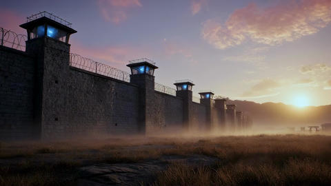 Prison walls at sunrise in wide shot, establishing secure perimeter, guard towers and barbed fencing