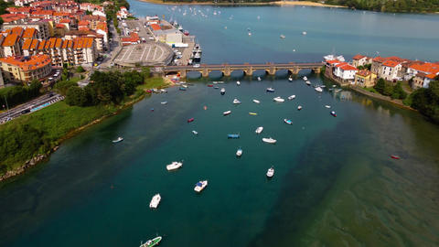 Top down aerial view of Barquera Bridge in San Vicente de la Barquera, showing