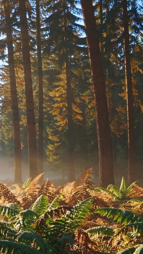Sunshine filters through lush forest canopy, Gentle sunlight penetrates misty