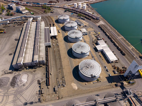 Industrial storage tanks and transport area near the waterfront