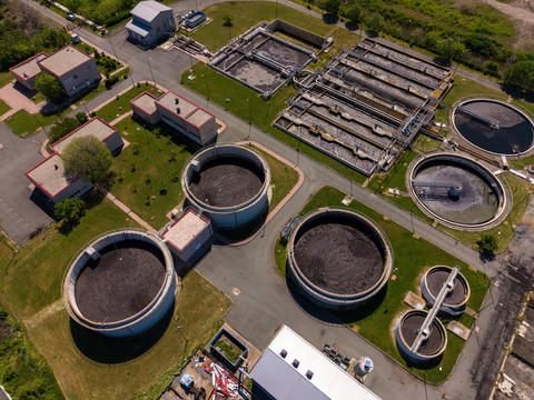 Water treatment facility showing tanks and filtration processes