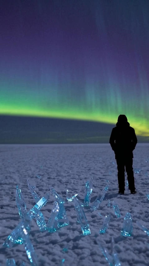 aurora over frozen plain with glaciologist studying ice crystals at night, deep