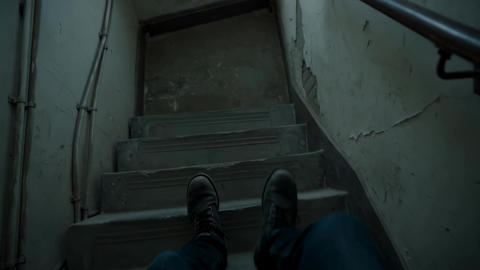 First person descending stairwell in abandoned building