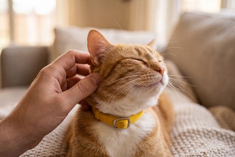 Person Petting Orange Cat on Head While Relaxing on Sofa at Home