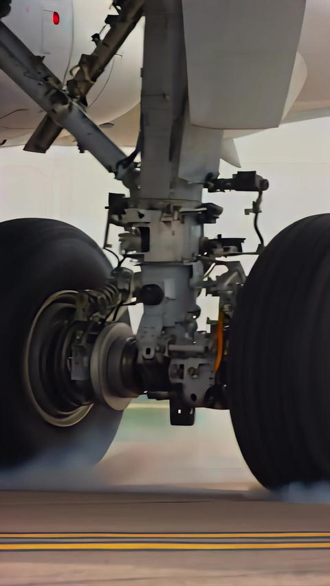 Aircraft main gear touches runway close-up as tire smoke rises during landing, capturing aviation