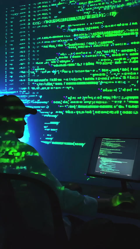 Programmer coding at laptop surrounded by massive code projection in dark office for software