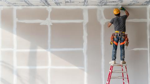 Construction worker plastering wall using putty knife and stepladder