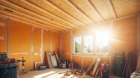 Bright sunlight illuminating construction site interior with tools and materials