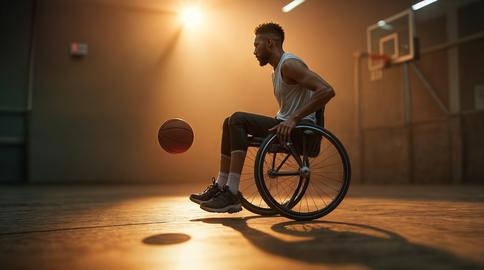 Determined basketball player dribbling ball in wheelchair on indoor court
