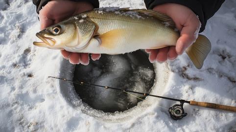Fisherman showing zander fish after successful ice fishing on frozen lake