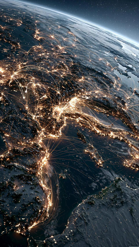 Planet Earth viewed from space at night with glowing digital
