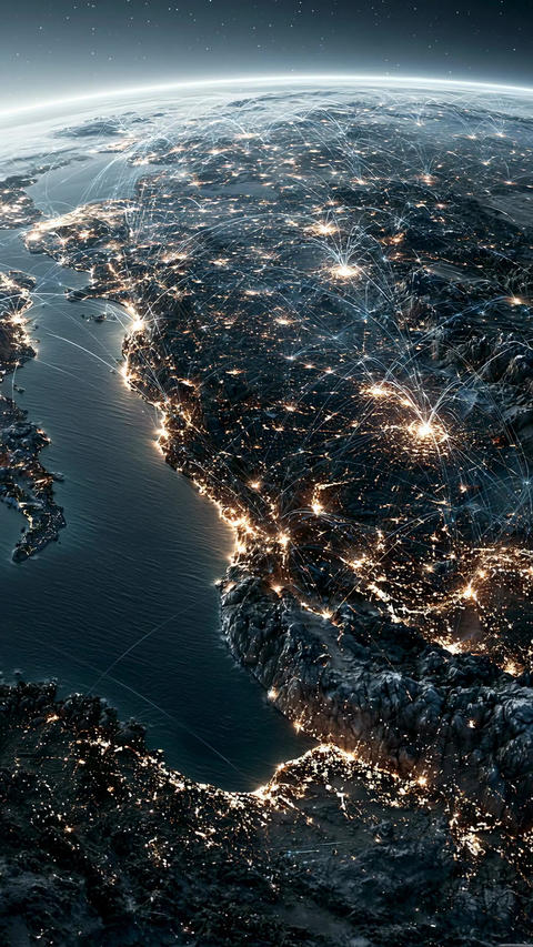 Planet Earth viewed from space at night with glowing digital