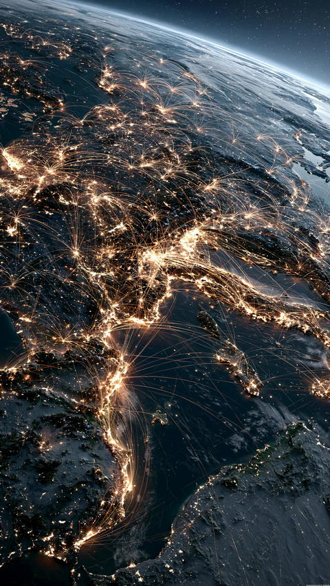 Planet Earth viewed from space at night with glowing digital