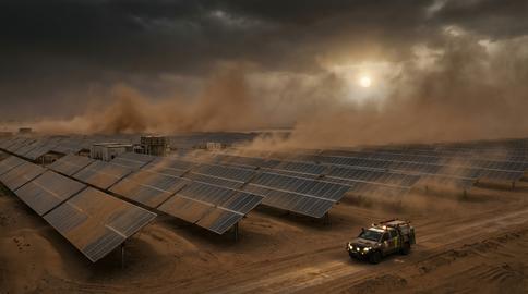 Vast rows of solar panels stretch across a desert solar farm as a utility vehicle drives through a s