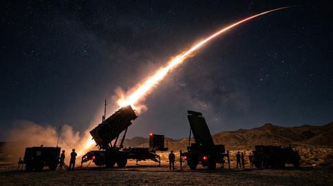 A bright missile launches from a military launcher, its fiery trail illuminating the dark starry nig