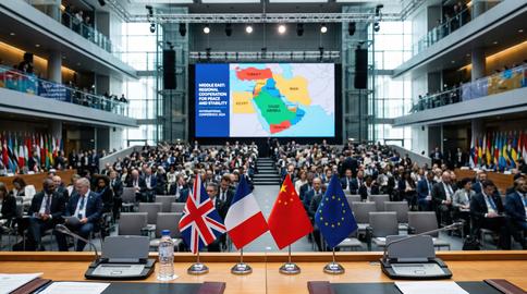 International flags on a conference table foreground a large audience gathered for a global summit o