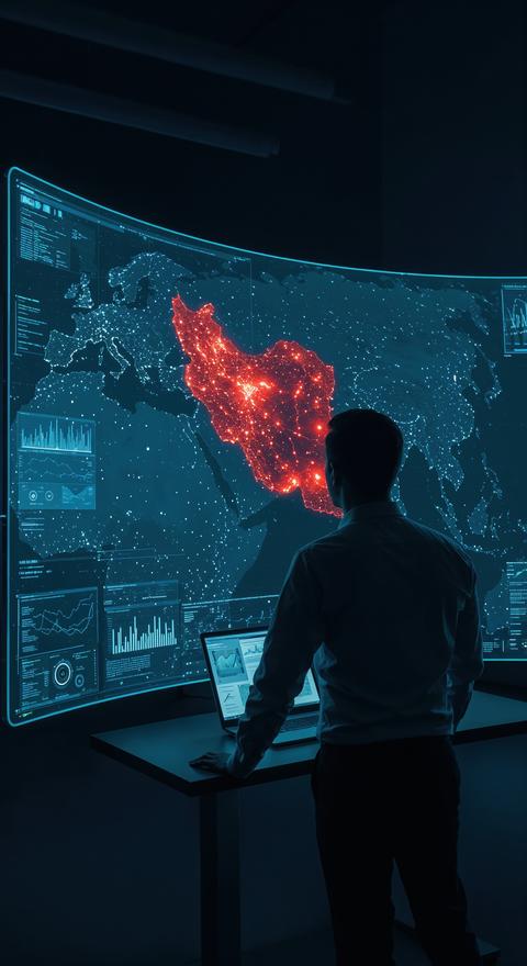 A man in a dark control room stands before a large curved screen displaying a glowing red highlighte