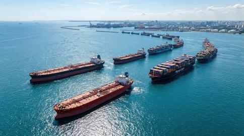 Numerous large cargo container ships and oil tankers navigate the vibrant blue sea near a bustling p