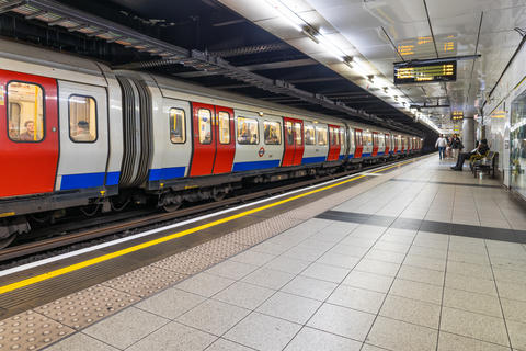 London Underground train waiting at a subway station platform. London, UK, 21 May 2023