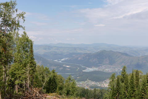 Panoramic view from Mount Manzherok over valley and mountains in Altai