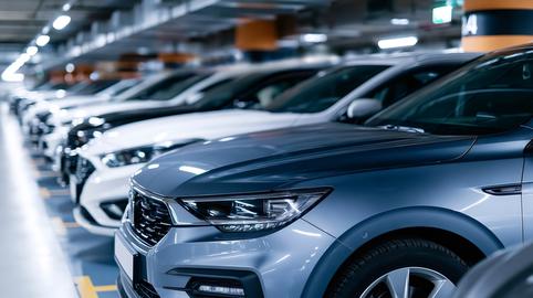 New cars parked in underground automotive parking garage