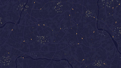 Urban street grid with animated vehicle markers and orange delivery routes