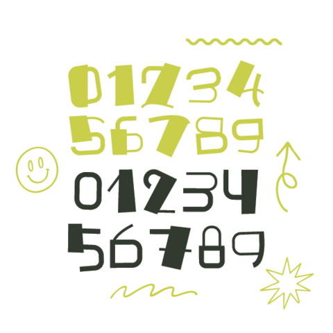 Stylized number set featuring playful handcrafted numerals, irre