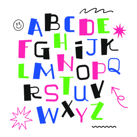Eclectic alphabet composition built from oversized colorful char