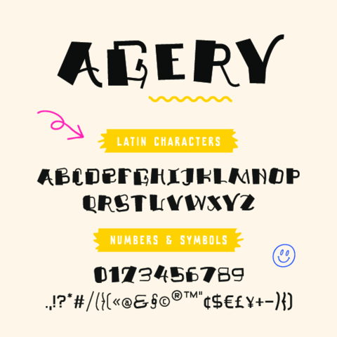 Complete character overview of a playful handcrafted display fon