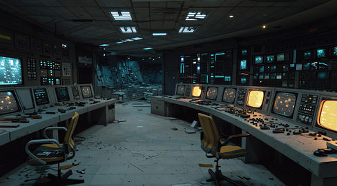 Abandoned Control Room with Flickering Screens Dark Scene