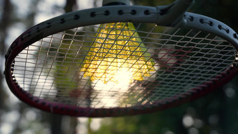 Neon yellow badminton shuttlecock and racket on green grass outdoors. Copy space