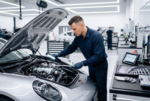 Auto mechanic using a wrench on a car engine in a modern garage