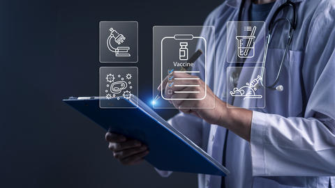 Doctor holding clipboard with virtual vaccine development icons. Medical research concept for clinic