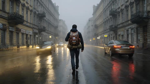 A backpacker makes his way alone along a road through a historic town shrouded in fog