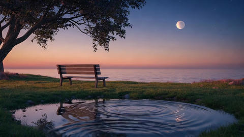 A wooden bench and moonlight stand on a beautiful coastline during the magic hour