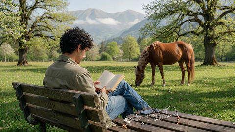 A man reading a book on a bench in nature, gently interacting with a brown horse