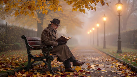 A senior man wearing a hat reads a book on a fantastical tree-lined street shrouded in mist