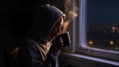 A woman holds a steaming mug in her hand and gazes at the city's night view