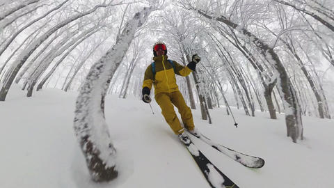 Skier descending snowy birch forest trail in Nordic winter terrain first person