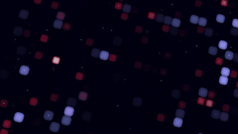 Abstract bokeh cube particles, 4K 60fps motion, red and blue glowing blocks floating on dark space