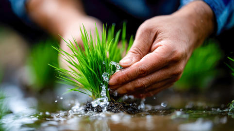 Farmer hands planting young rice seedlings in muddy water, ideal for agriculture, sustainable