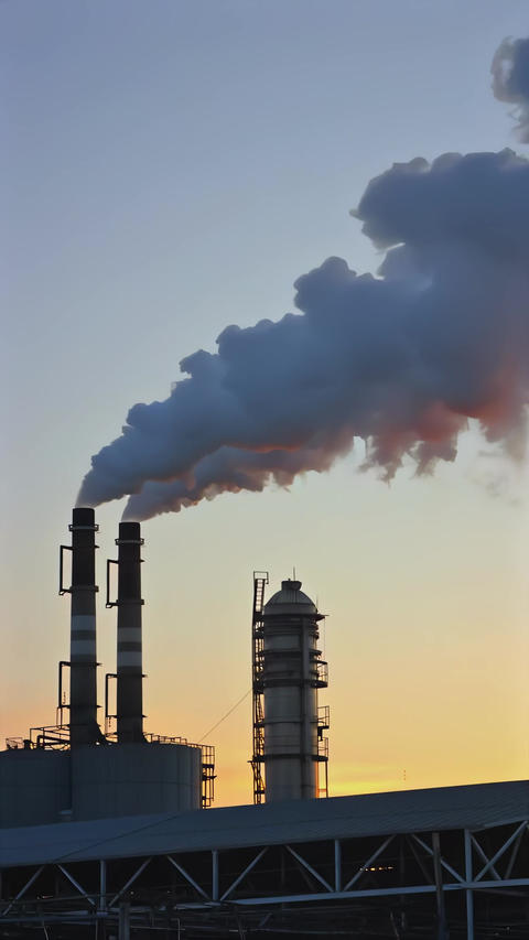 Factory smokestacks releasing thick smoke at sunset, long lens view of industrial emissions