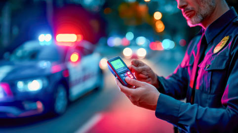 Police officer using a breathalyzer during a nighttime roadside traffic stop with patrol car lights