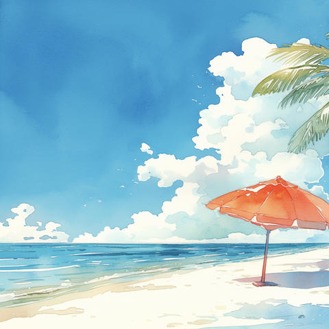 南国ビーチと赤いパラソルの夏空 水彩風アニメ背景