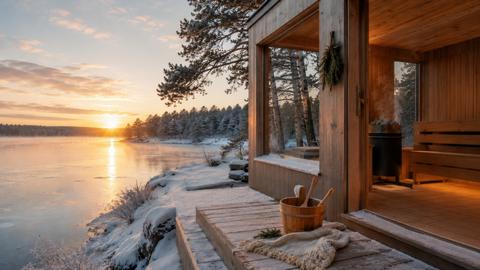 Sunset at lakeside sauna in winter